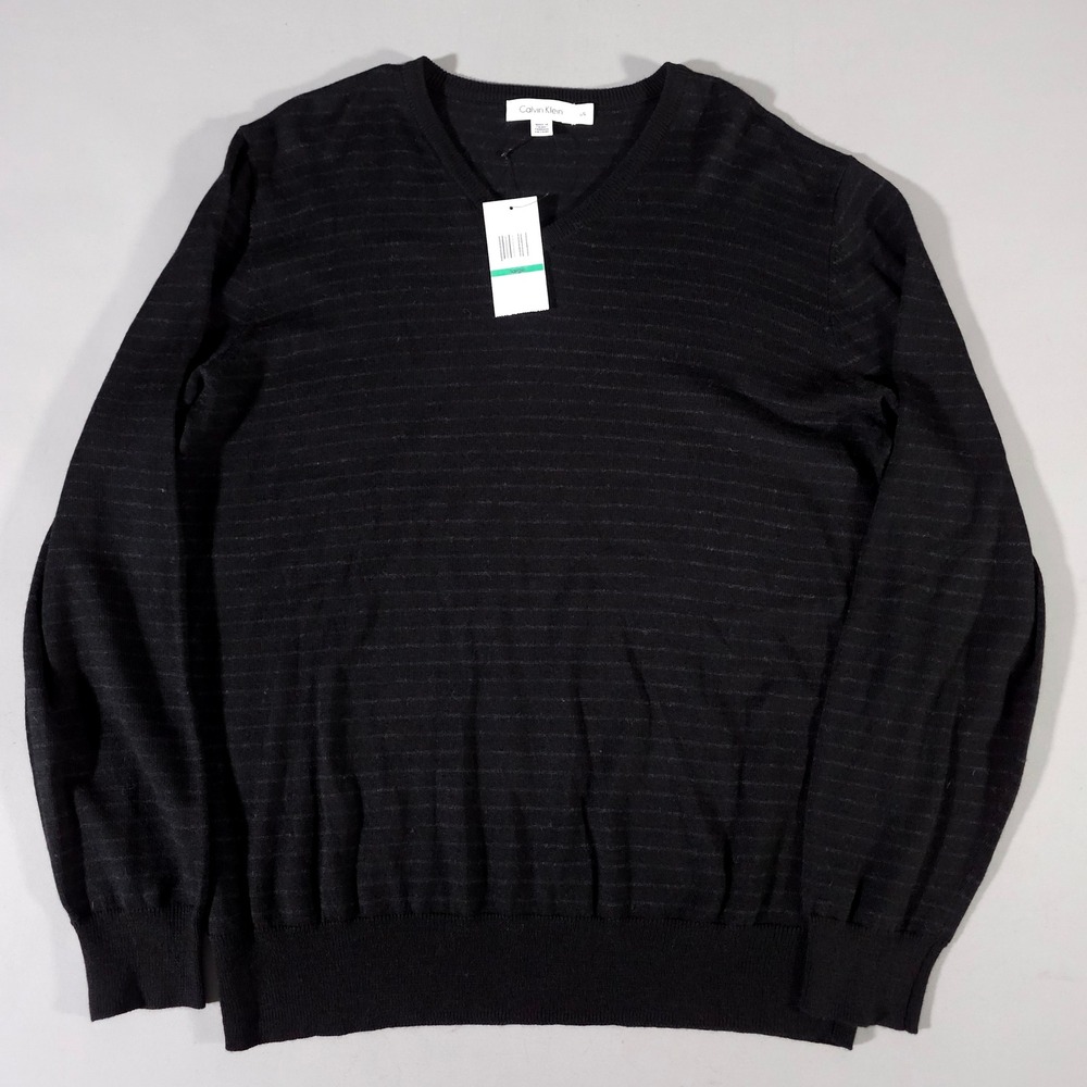 Calvin Klein Sweater Mens Large Black Merino Wool Blend V-Neck Striped 40X3254